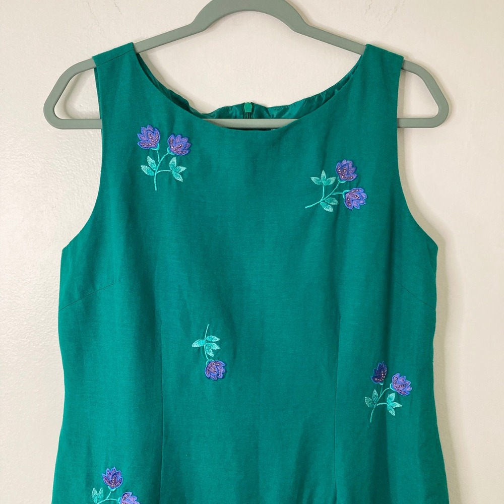 VTG 90s Floral Embroidered Beaded Maxi Dress Green Linen Blend Jessica Howard 12
